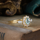 Vintage Halo Cluster Oval Cut Moss Agate Engagement Ring
